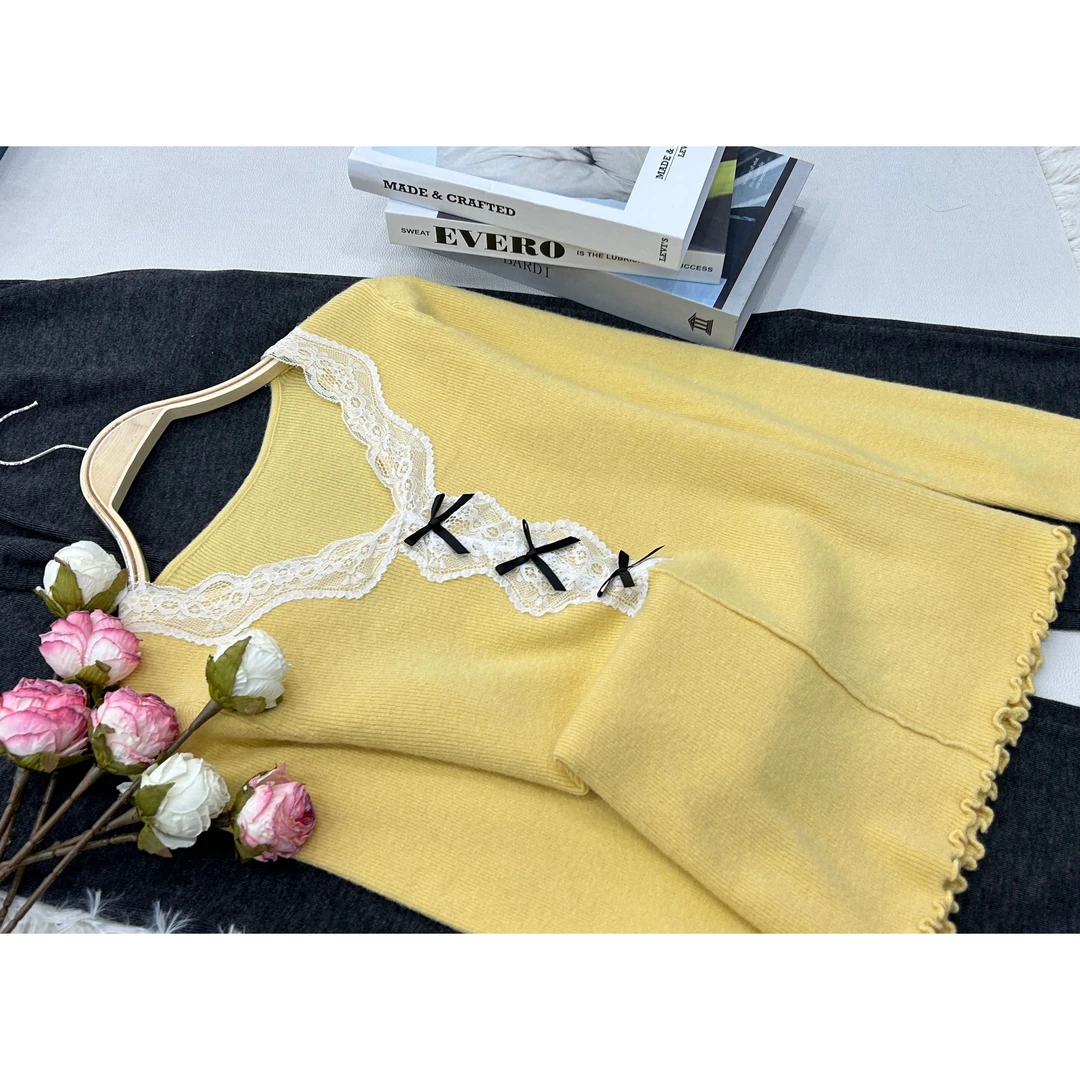 【黄色蕾丝蝴蝶结】设计感时尚气质套头上衣QC2177