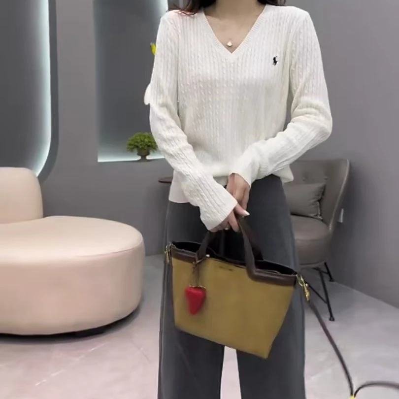 秋季时尚简约百搭V领针织上衣搭配高腰休闲裤套装