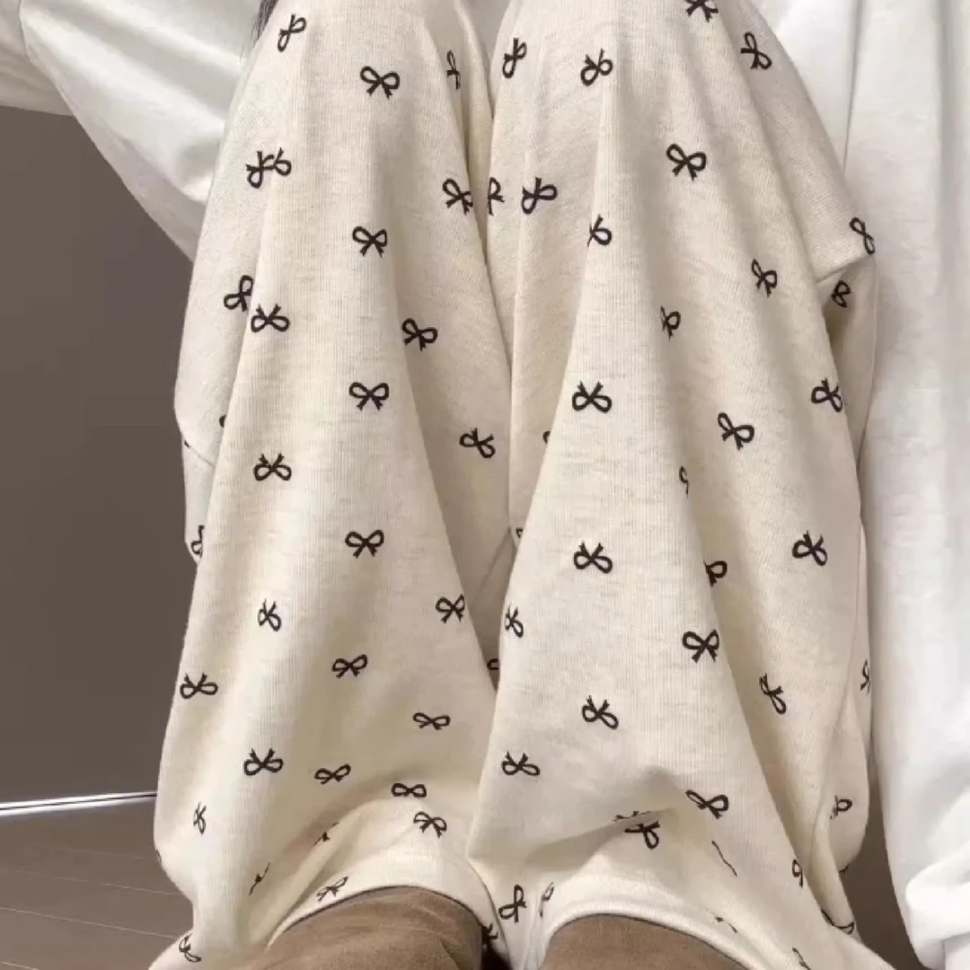 秋冬季山本吸汗蝴蝶结女印花显瘦小个子bf慵懒宽松休闲百搭阔腿裤