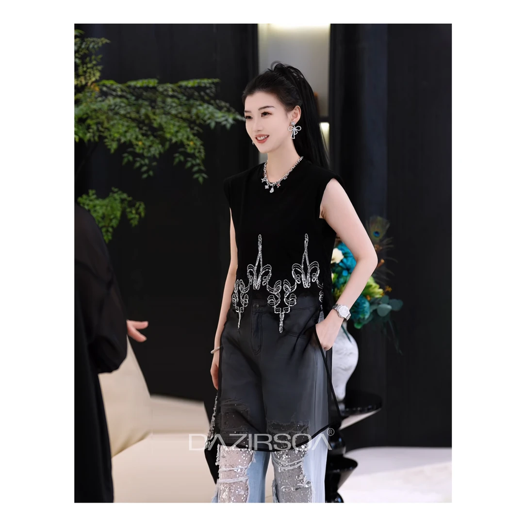 DAZIRSOA/达姿“自由心灵”时尚百搭拼接法绣花朵个性马甲T恤 AA061