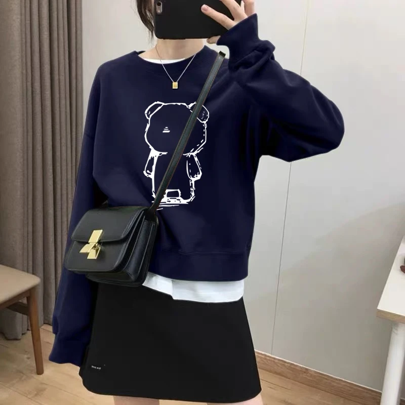 假两件圆领套头短款卫衣女加绒加厚秋冬上衣宽松小个子春秋薄款