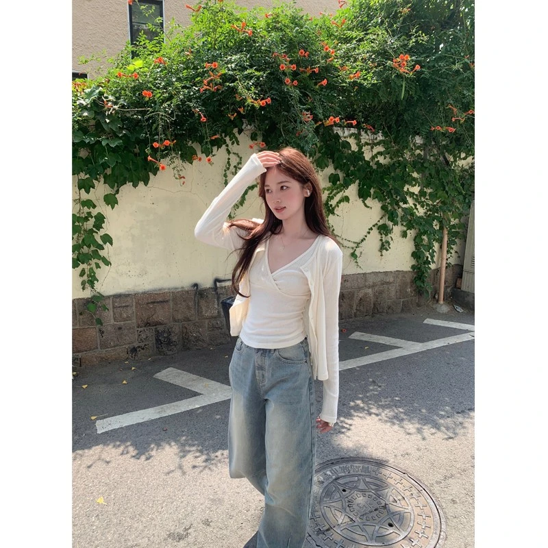 Peaceonesoul自制纯欲V领吊带套装针织开衫女长袖修身显瘦两件套