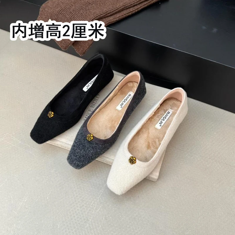 灰色加绒单鞋女秋冬季2025年新款法式气质方头浅口通勤内增高鞋子