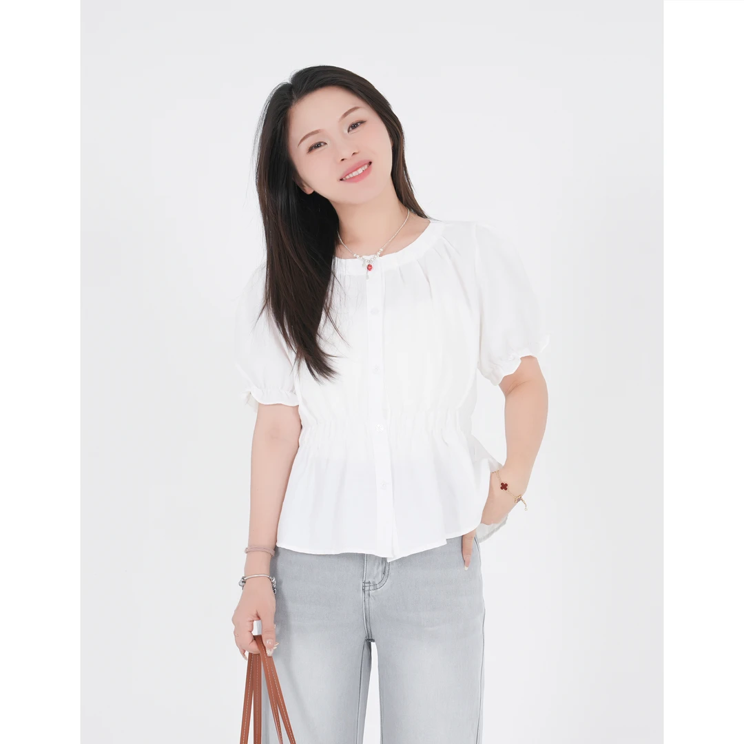 小个子圆圆KM525韩系宽松收腰短袖衬衫2025夏季时尚减龄显瘦上衣