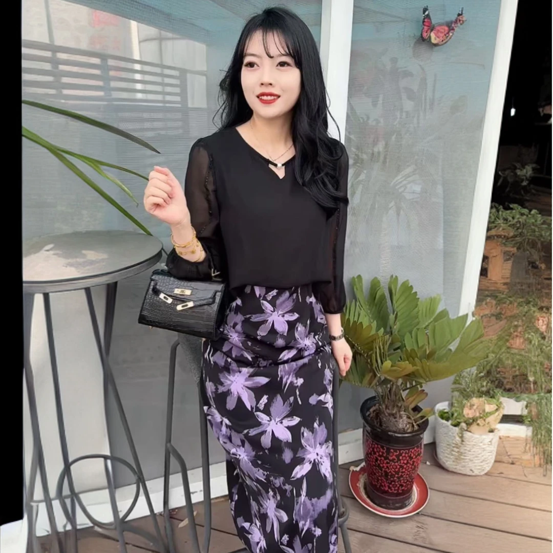 显瘦A字印花时尚夏季连衣裙洋气包臀气质长袖拼接开叉假两件碎花