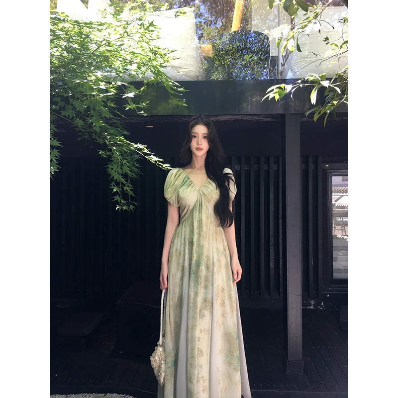 ICELOLLY仙气飘飘绿色短袖收腰薄纱连衣裙女夏季巨好看掐腰长裙子