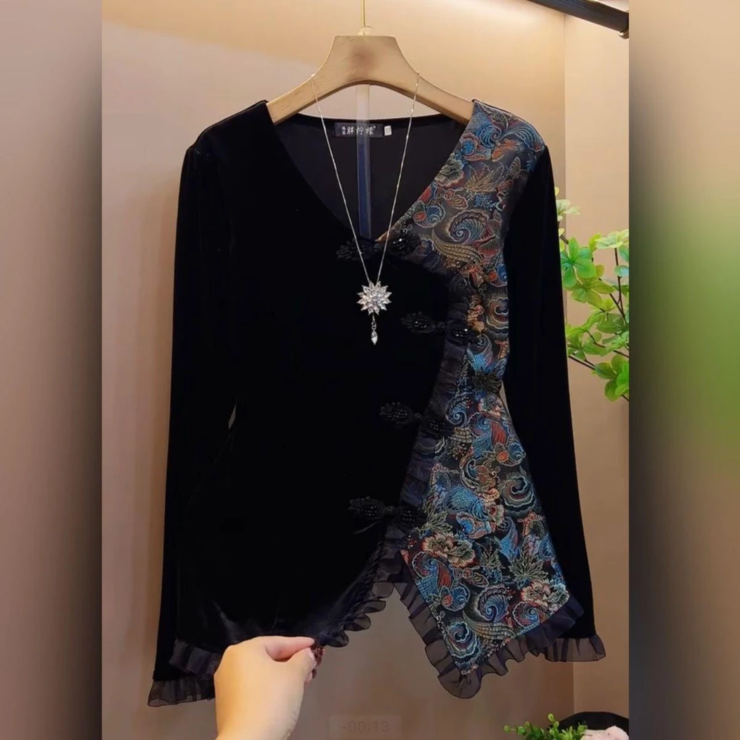 大码女装复古民族风中式恤女人衫上衣打底外穿胖洋气遮肉显瘦