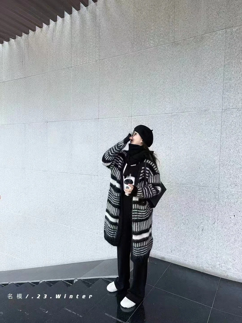 INLIFE气质黑纹毛衣外套女秋冬中长款开衫上衣7719