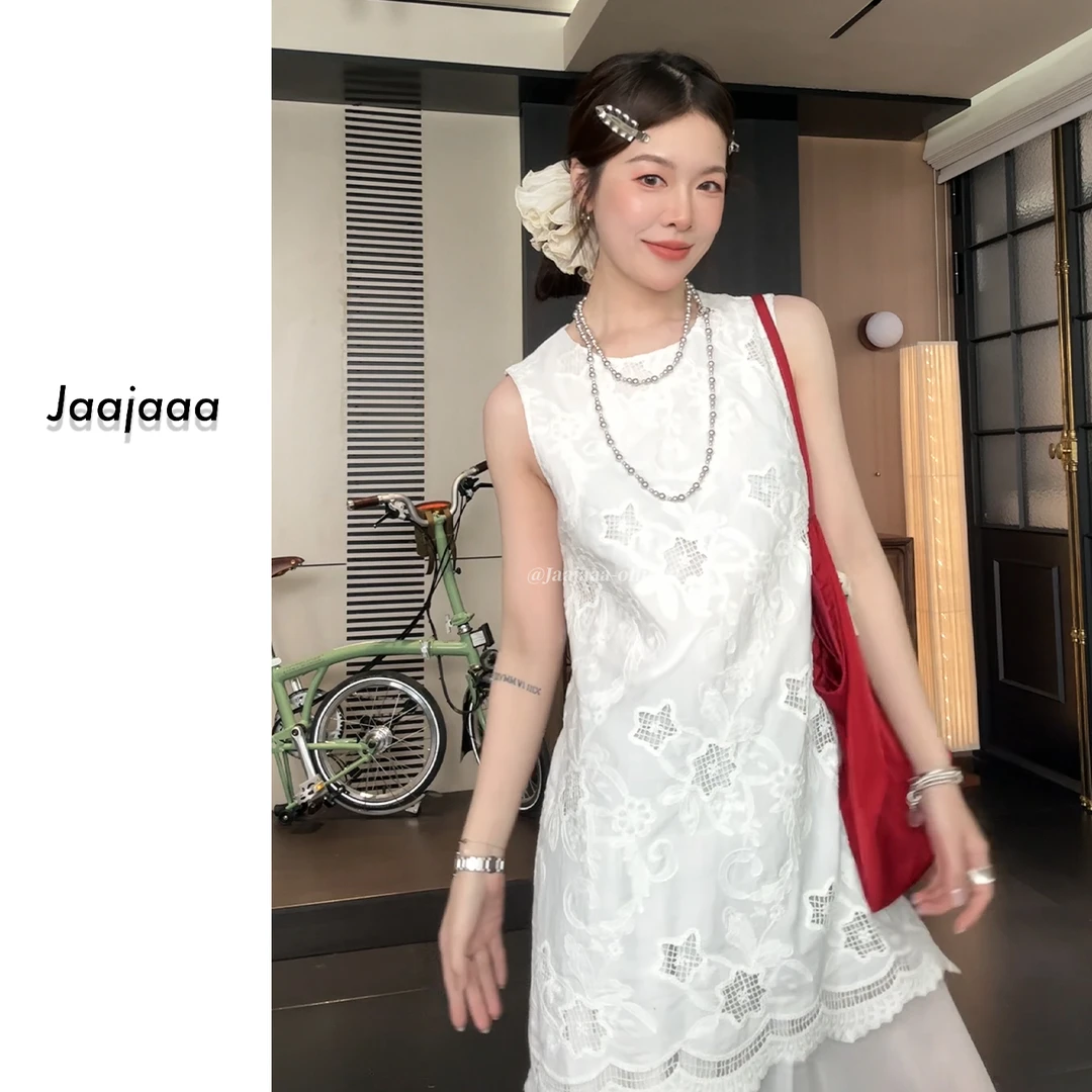 Jaajaaa雪顶银盐  时尚百搭圆领重工假两件无袖连衣裙/FBFB