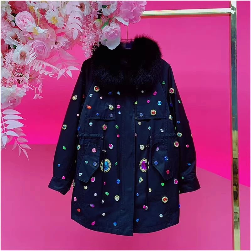 A3989欧美设计师2025冬季新款彩色钉钻狐狸毛领加厚派克服两件套