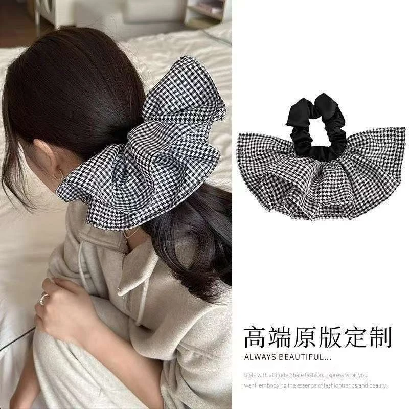 格子发饰法式大肠发圈黑色头饰时尚气质氛围感浅春系可爱小格子