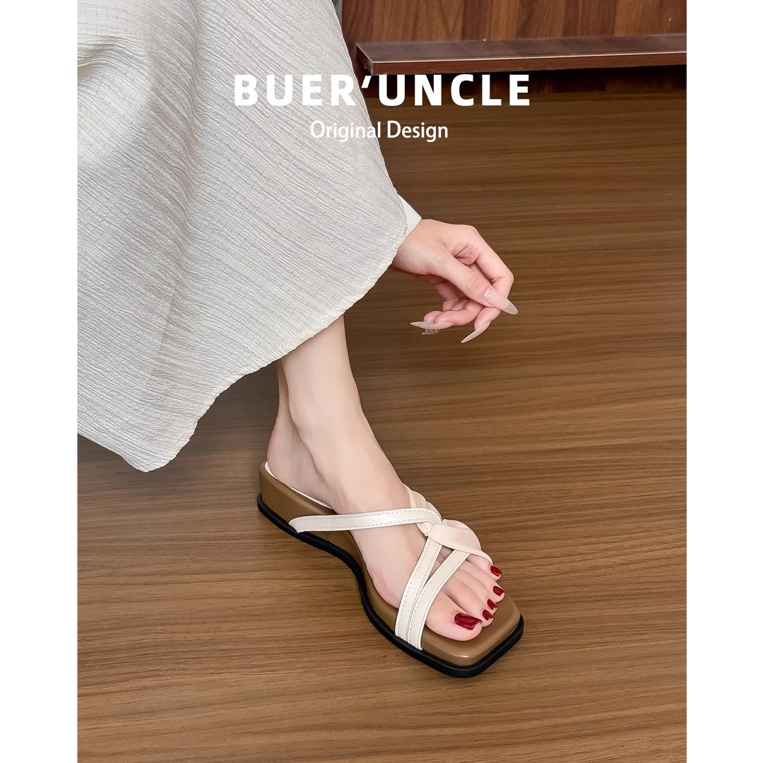 羊皮~厚底坡跟交叉带拖鞋女夏外穿2025新款方头法式配裙沙滩凉拖
