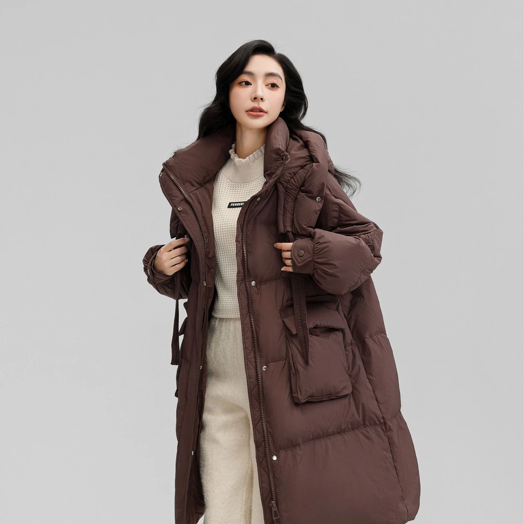 YAYA/鸭鸭新款过膝韩版时尚防风保暖飘带2.0中长款羽绒服外套A76
