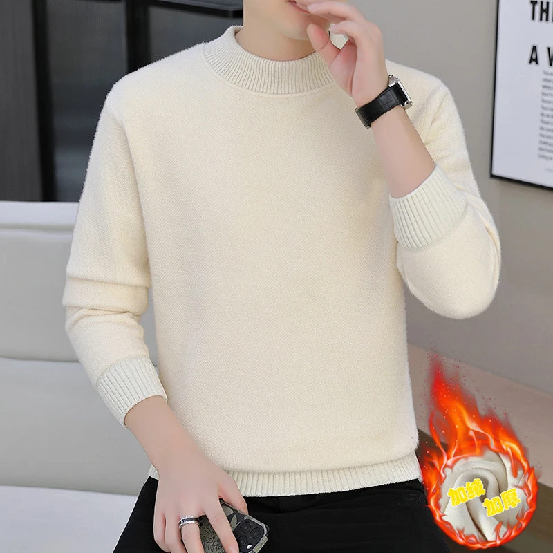 高档半高领一体绒加厚毛衣男士冬季时尚保暖针织打底衫男装1013