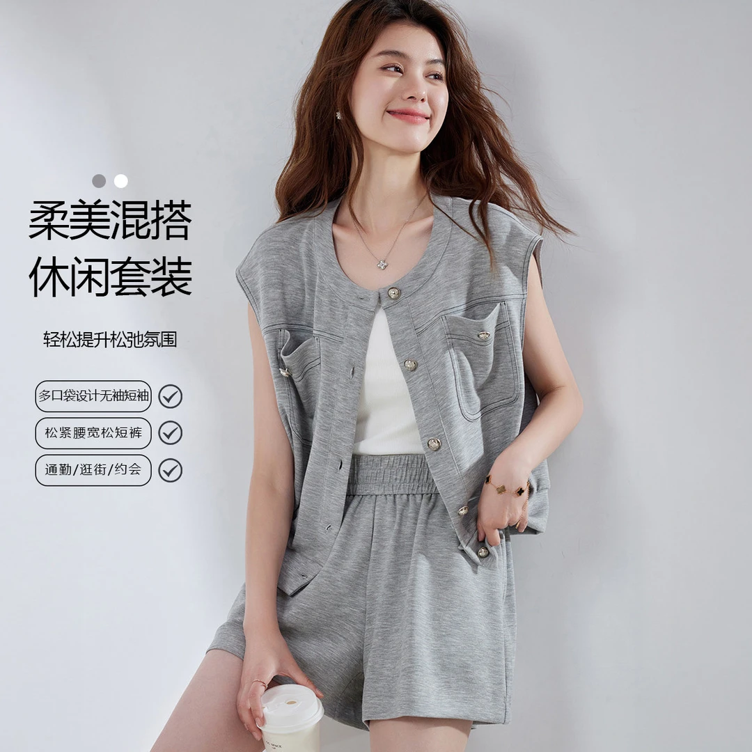 【安雅专属】EVA OUXIU/伊华欧秀马夹短裤套装ZS-E-52-28124-YL