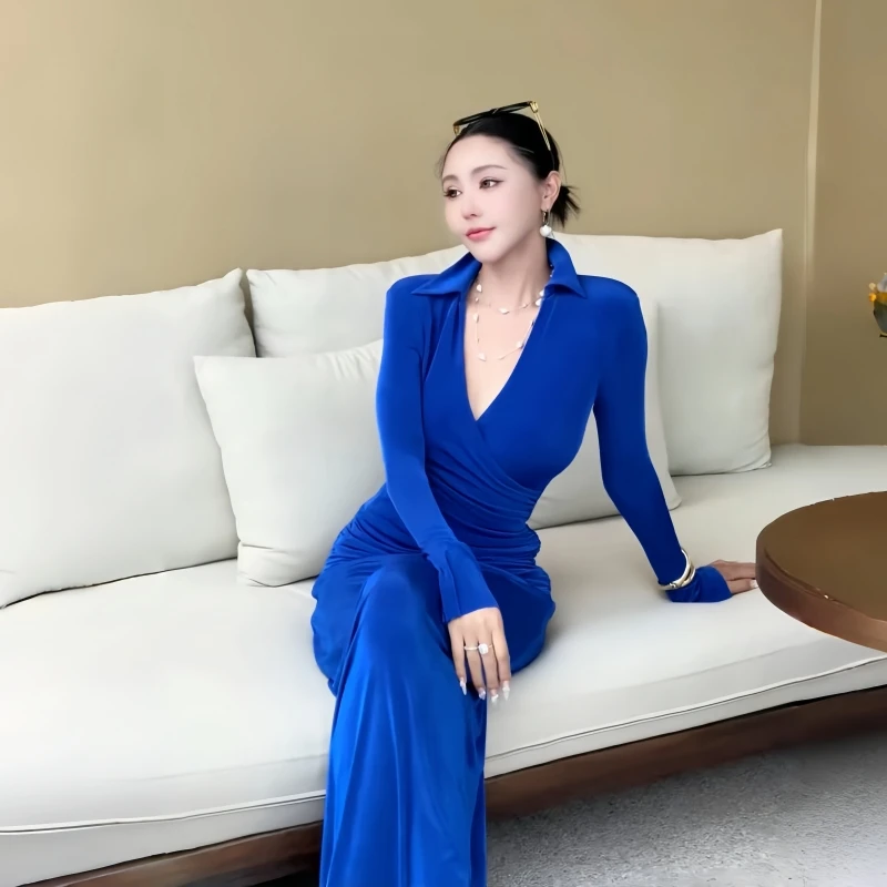 深圳连衣裙气场女王V领褶皱弹力针织长裙气质翻领收腰显瘦连衣裙