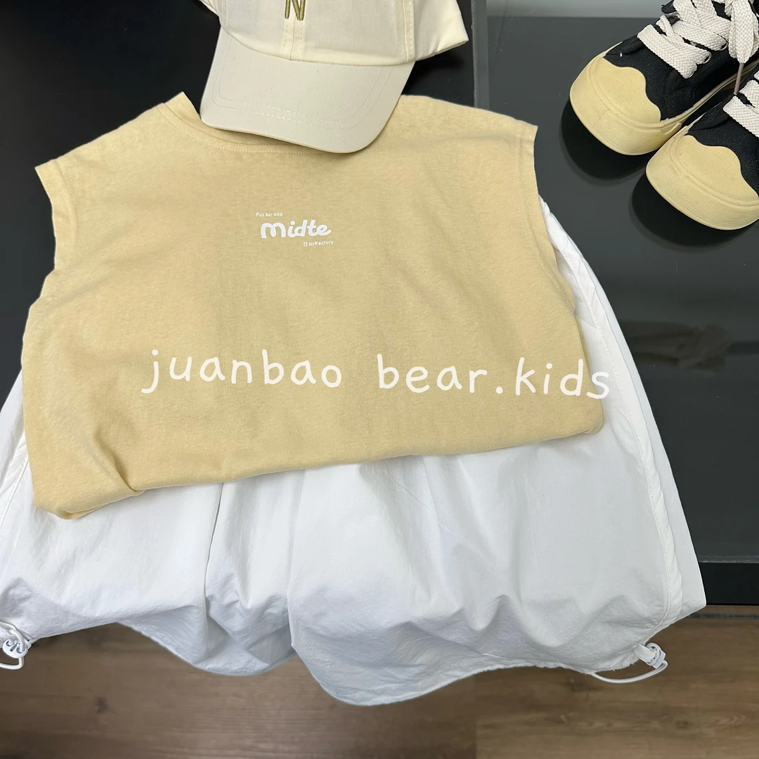 潮牌风破洞字母背心七分裤套装 95%棉韩系男宝女宝夏季儿童童装