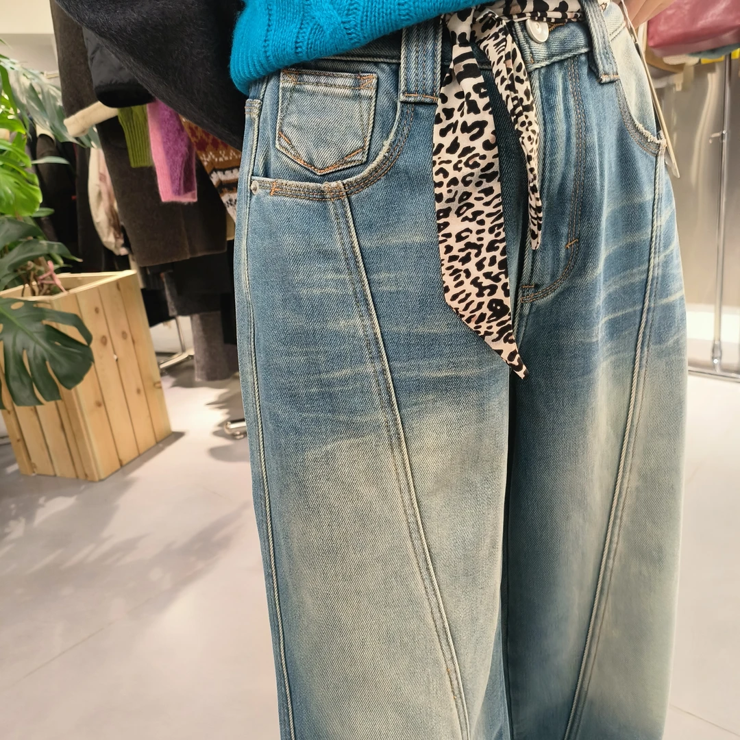 复古高腰宽松显瘦美式植绒阔腿牛仔裤女秋冬拖地裤