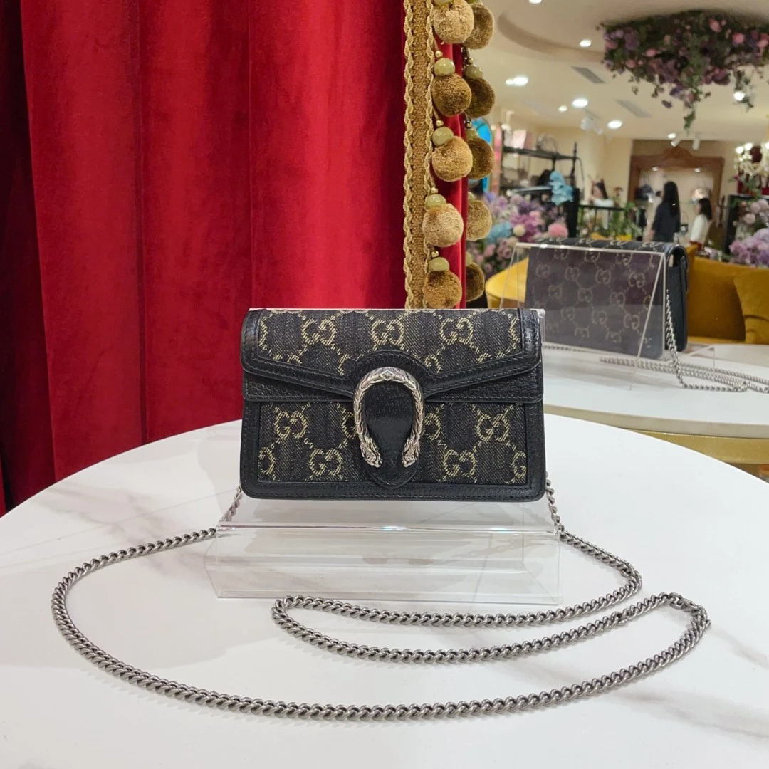 95新 GUCCI/古驰 GGS酒神super mini牛仔黑色银扣单肩包25303442