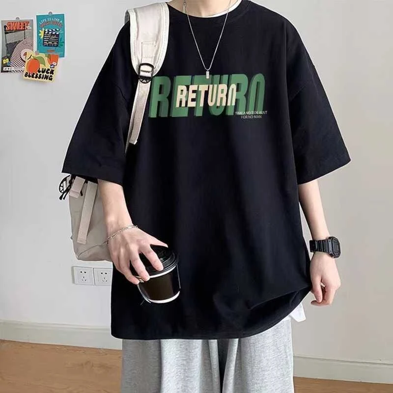 日系简约休闲字母印花纯棉短袖男T恤ins潮流宽松百搭夏季圆领上衣