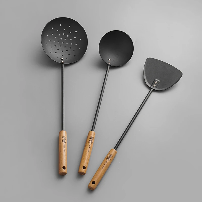 波佐见烧深味窒化铁勺铁铲漏勺家用炒菜勺铁锅铲长柄