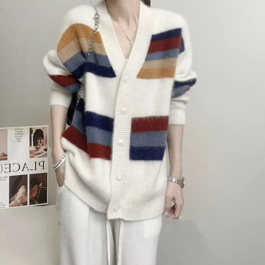 【百分百山羊绒】拉绒工艺241620-100羊绒小众设计拼色条纹V领开衫