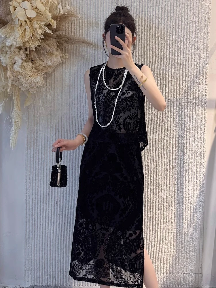 新中式国风套装裙女2025夏新款丝绒提花镂空无袖背心半身裙两件套