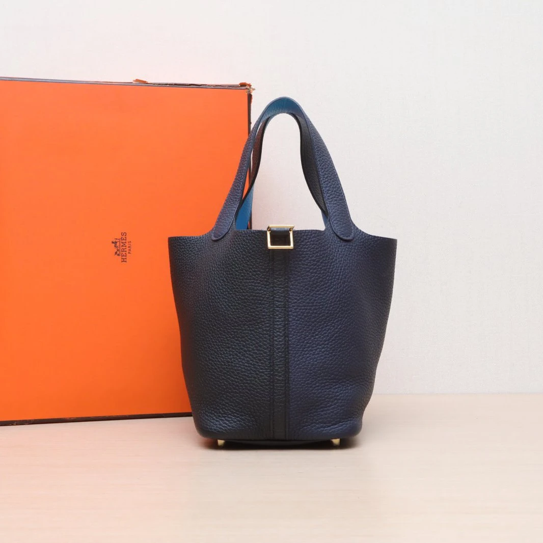 99新 Hermes/爱马仕 【双双】18 菜篮子黑色拼午夜蓝拼弗罗里达蓝