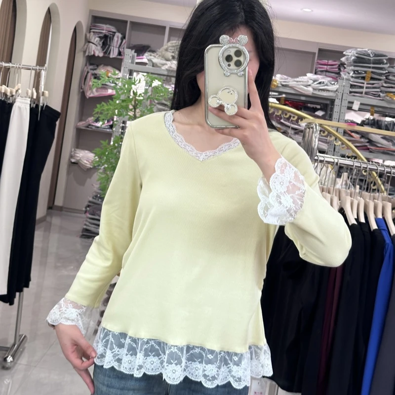 7013甜美蕾丝拼接长袖打底春季新款胖MM韩系洋气纯色百搭长袖T恤