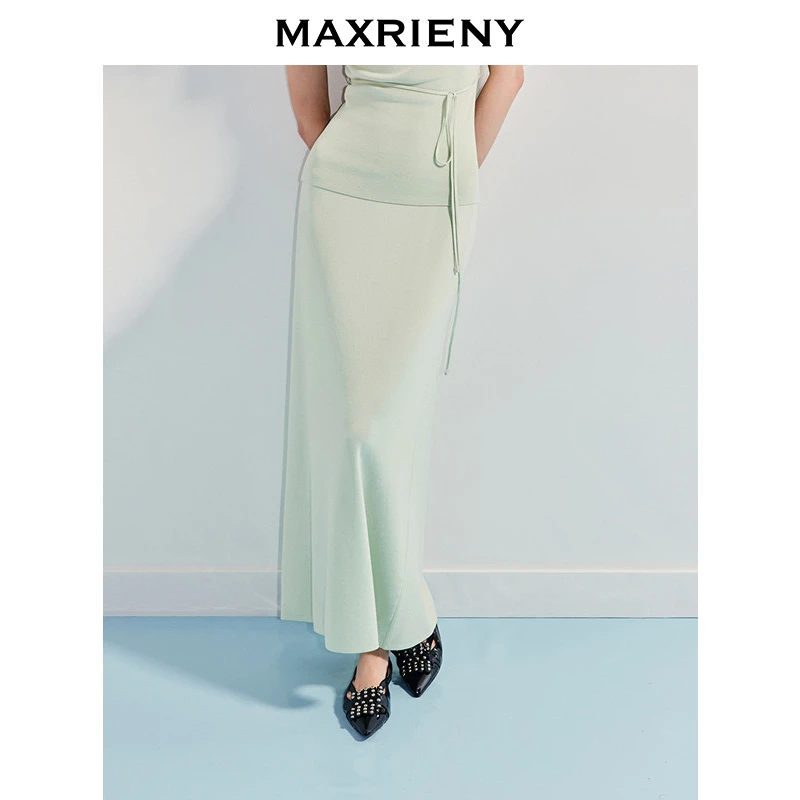 MAXRIENY薄荷曼波直筒半裙薄25夏季新款针织高腰中长裙高级气质感