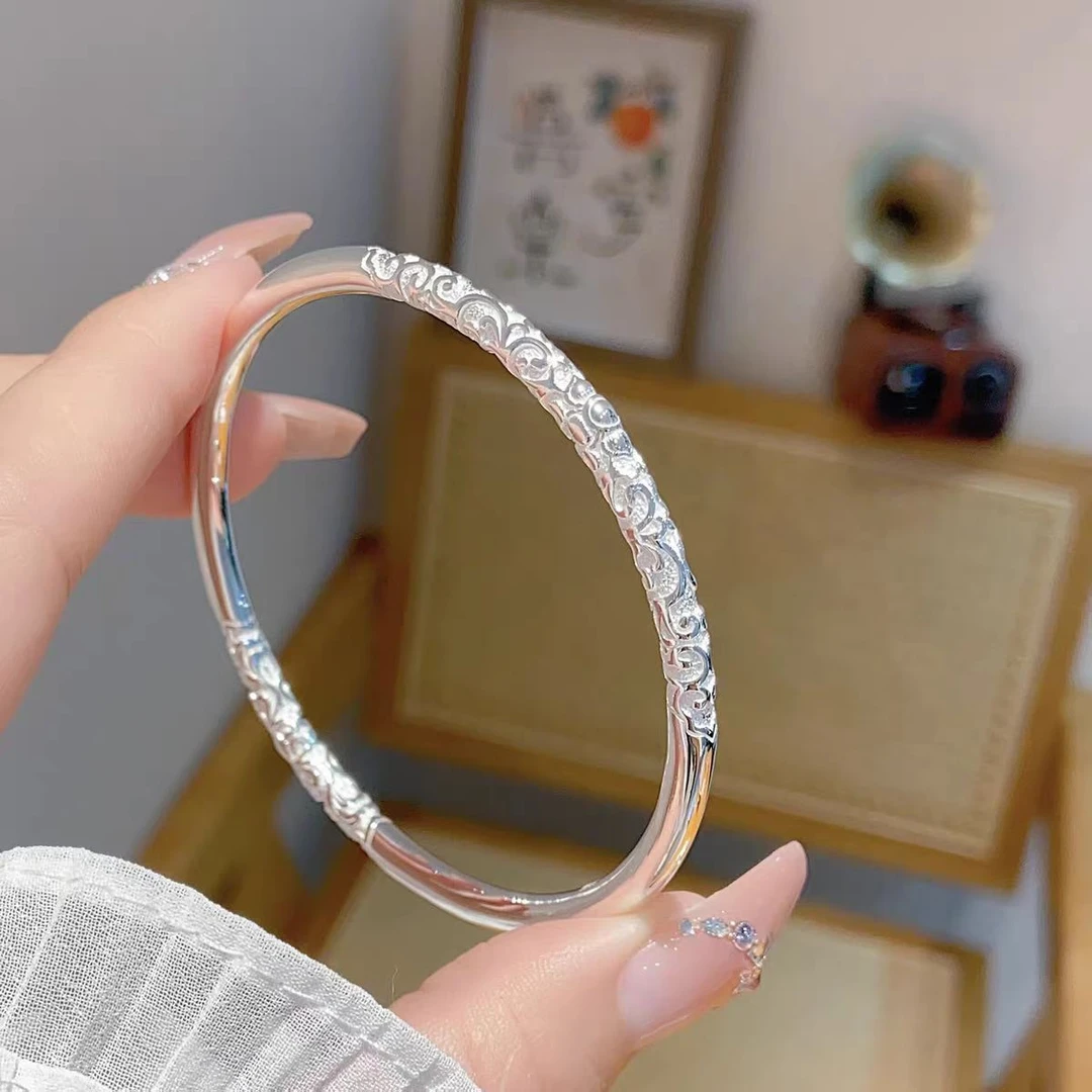 999.9卷草纹光面银手镯中国风女实心古法正宗银手镯