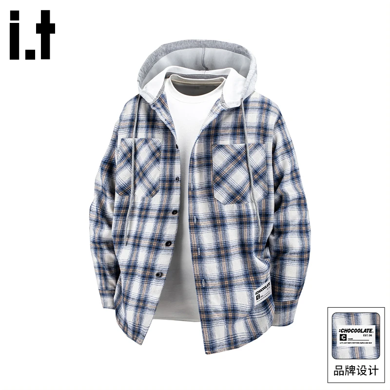it:CHOCOOLATE 美式蓝色格子长袖衬衫男士春秋季休闲开衫连帽外套