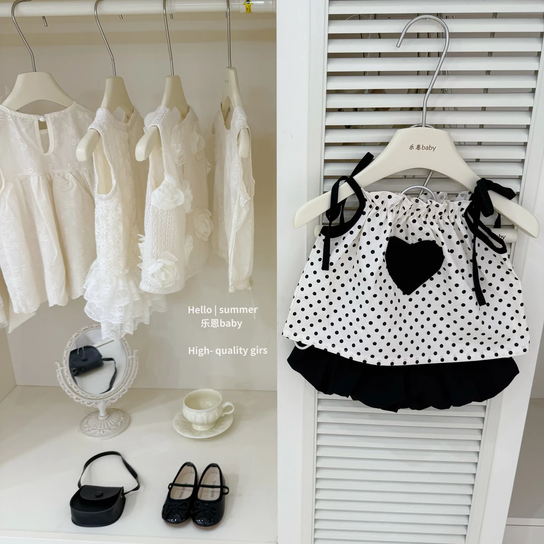 现【乐恩童装】原创高定女童夏季新款爱心波点吊带上衣休闲短裤套装