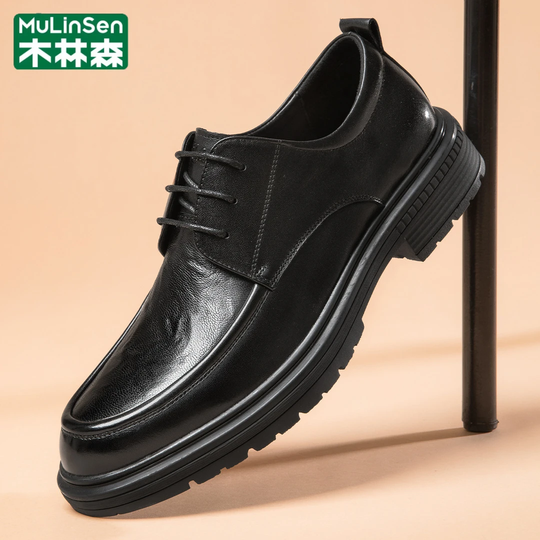木林森新款英伦风黑色男士皮鞋系带商务正装厚底软底百搭轻便男鞋