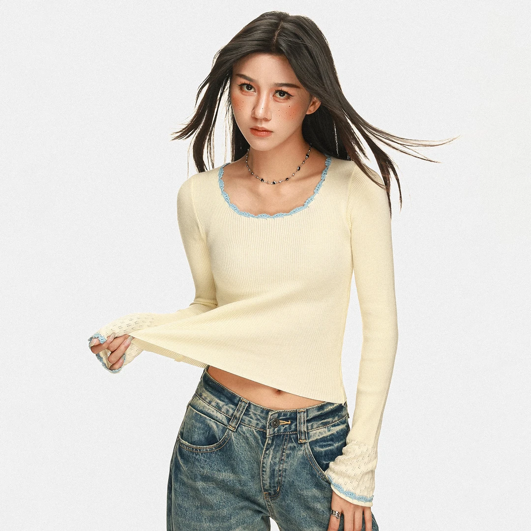 2025秋冬季百搭新款方领针织打底女内搭温柔软糯收腰显瘦长袖上衣