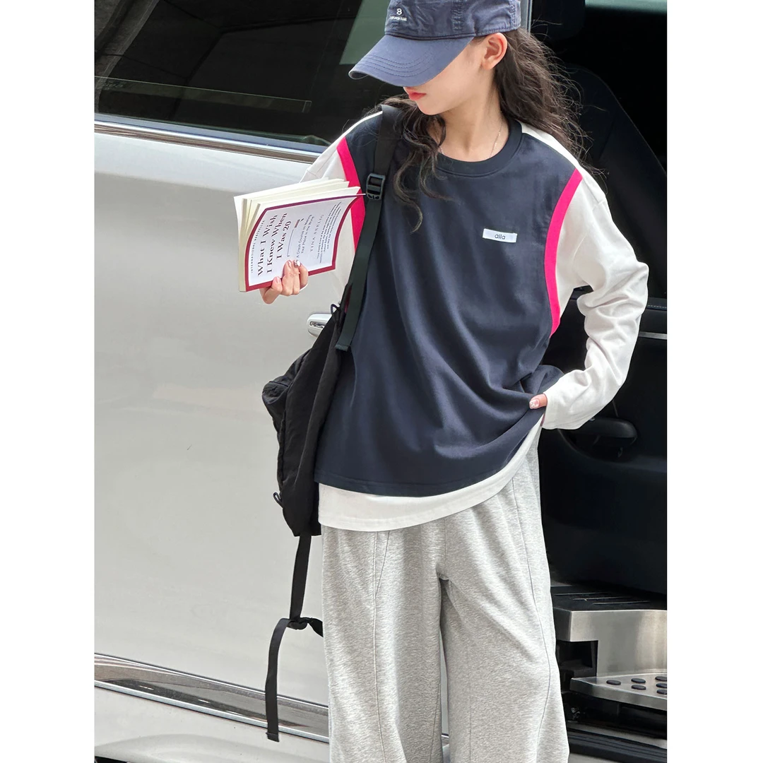 K29533孙小美假两件撞色女童长袖T恤秋装2025新款儿童春秋上衣潮t