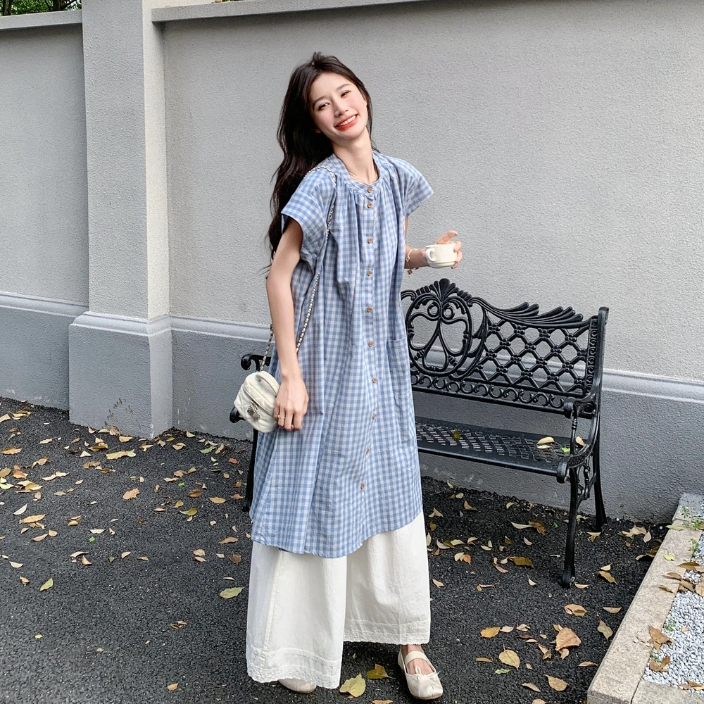 森系穿搭松弛感减龄套装女2025夏新款格纹衬衫裙花边阔腿裤两件套