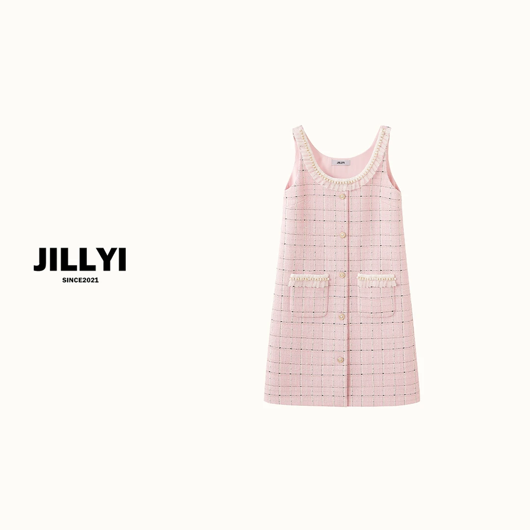 JILLYI南山店【粉色烟雨】粉色圆领拼接素描黑格子小众时尚连衣裙气