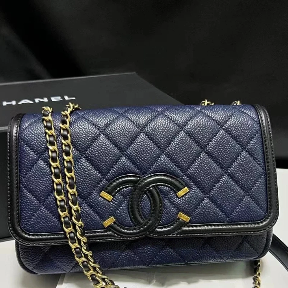 99新 Chanel/香奈儿 0226|香奈儿黑蓝色荔枝牛大logo斜挎包单肩包