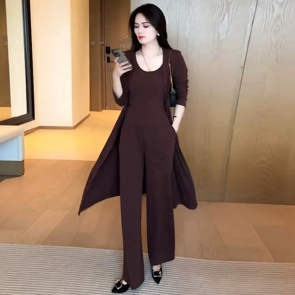 套装女秋季新款洋气显瘦开衫长款外披背心时尚阔腿裤女装三件套潮