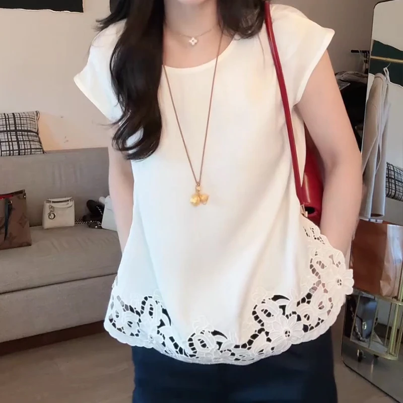 2025夏季高定肌理感花边下摆设计感镂空纯色通勤百搭短袖T恤上衣