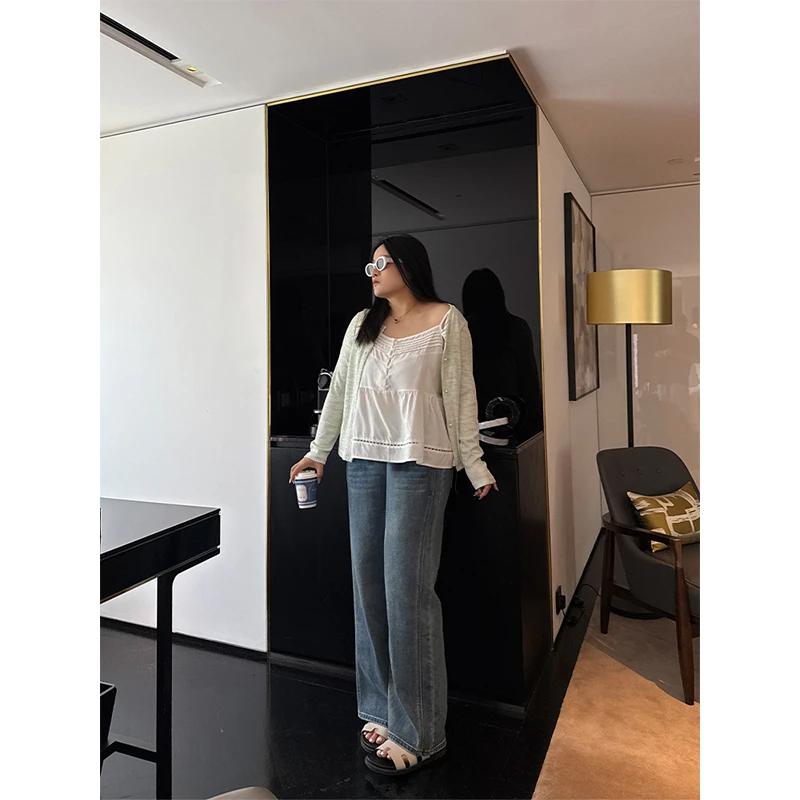 铅笔小鑫大码女装  宝藏牛仔裤 复古洗水 高腰牛仔直筒裤