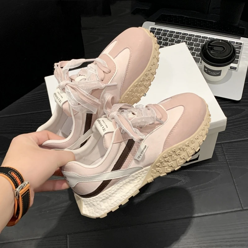 2025春季芭蕾德训鞋女厚底百搭老爹鞋蕾丝真皮透气复古阿甘运动鞋