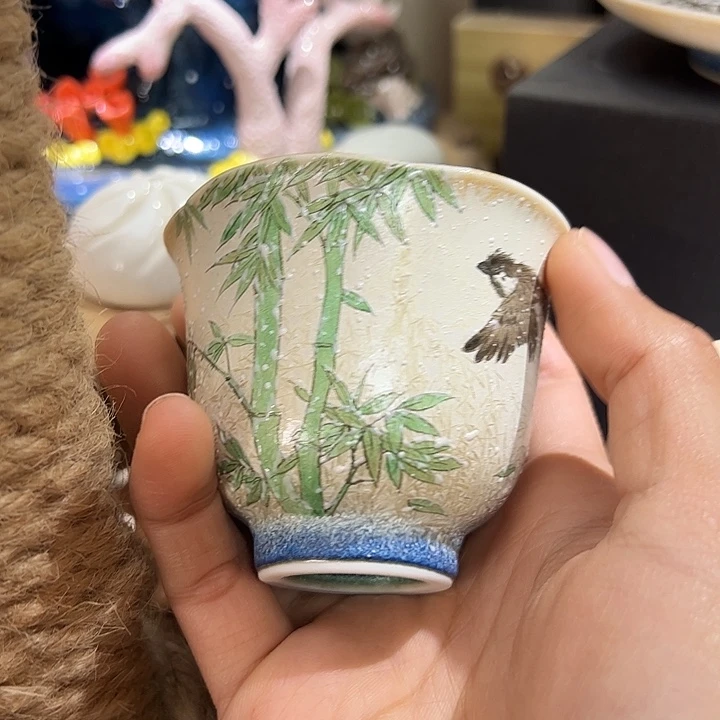 手绘雪竹麻雀主人杯