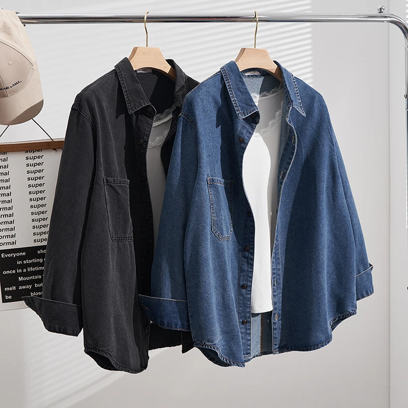 春秋款胖MM大码女装特肥特大长袖显瘦韩版休闲牛仔衬衫上衣