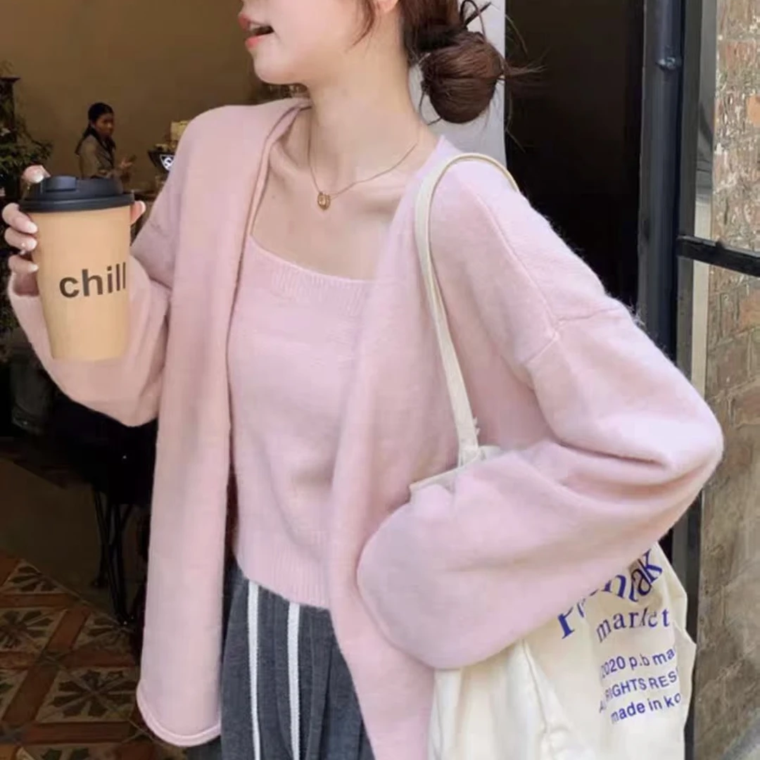 244氛围感穿搭两件套吊带长袖针织开衫套装2025新款韩版外搭上衣