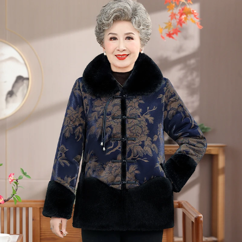 中老年女装冬装保暖棉衣大码妈妈装加绒加厚毛领棉袄老人衣服棉服