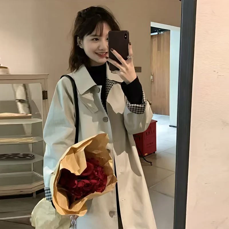 风衣外套女2024新款春秋季韩系格纹简约气质中长款小个子早秋大衣