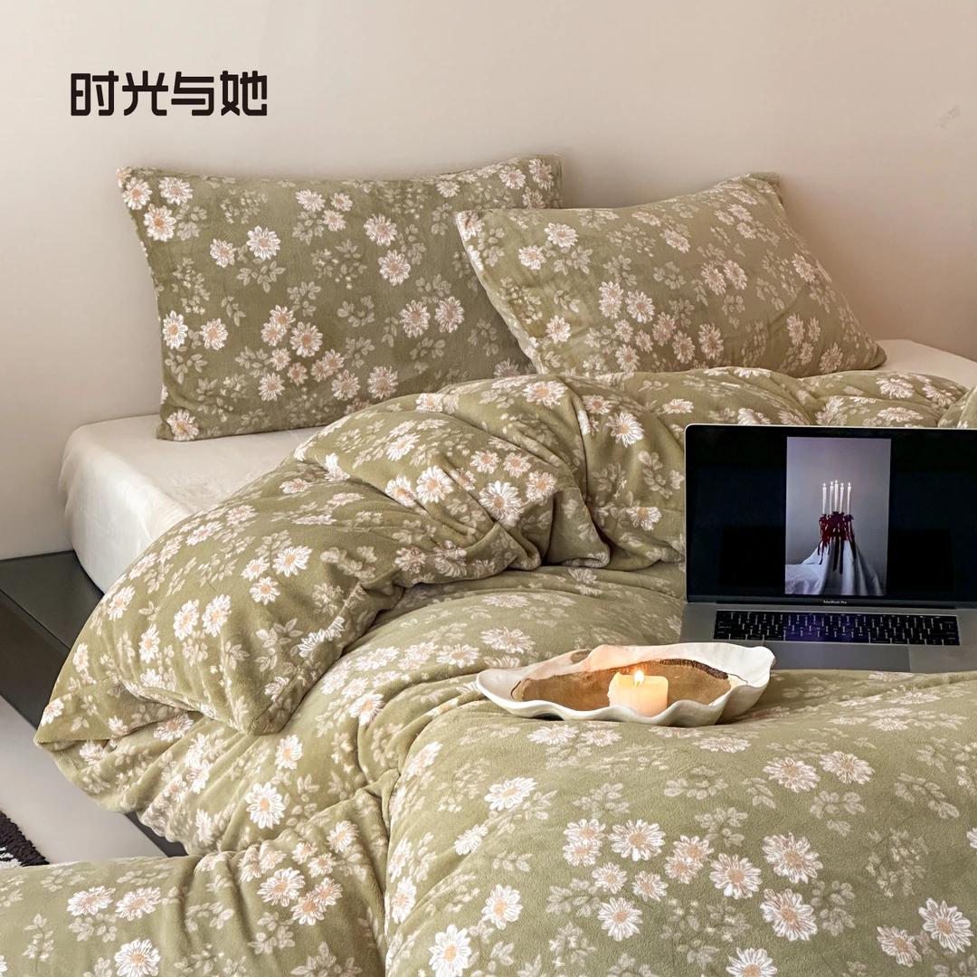 冬季加厚牛奶绒四件套双面绒印花被套珊瑚绒超柔软学生宿舍三件套