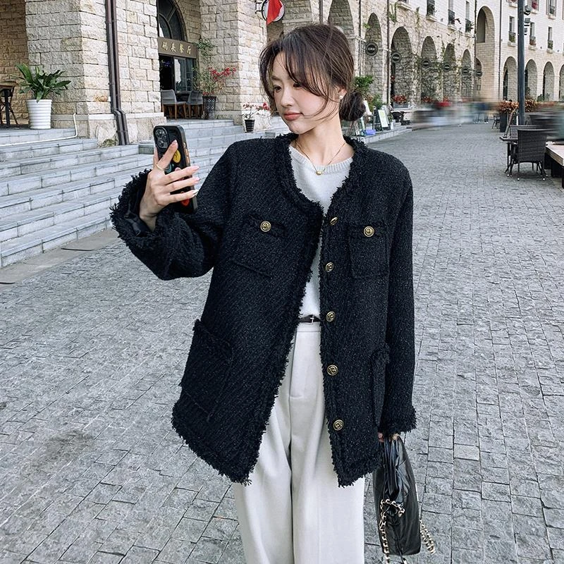 黑色小香风流苏粗花呢外套2025春秋季新款气质名媛中长款毛呢上衣